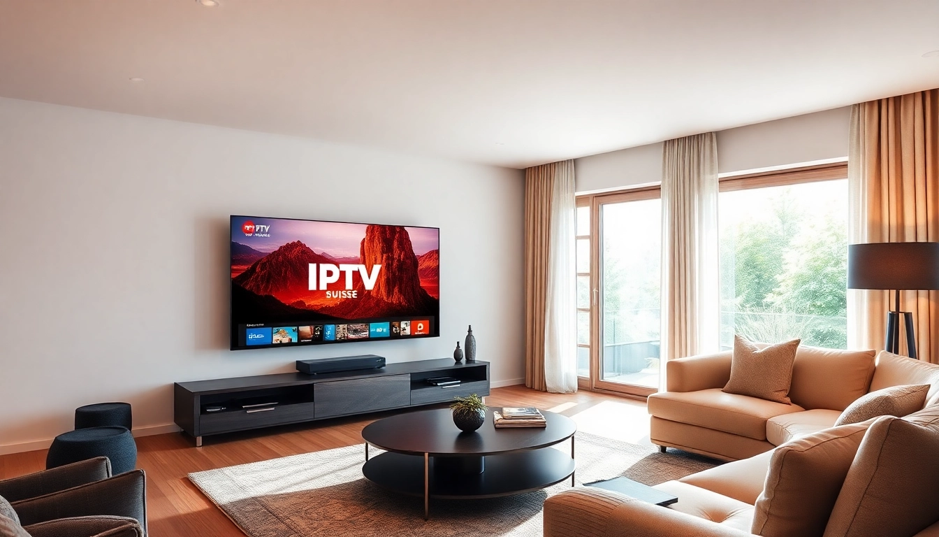 Experience vibrant IPTV Suisse content in a stylish living room setup.