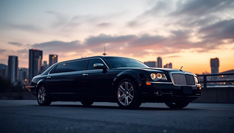 Luxury driver hire Vancouver services showcased with an elegant limousine against the vibrant city skyline.