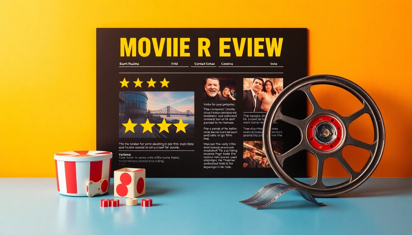 Showcase movie reviews and ratings with engaging visuals featuring vibrant colors and star ratings.