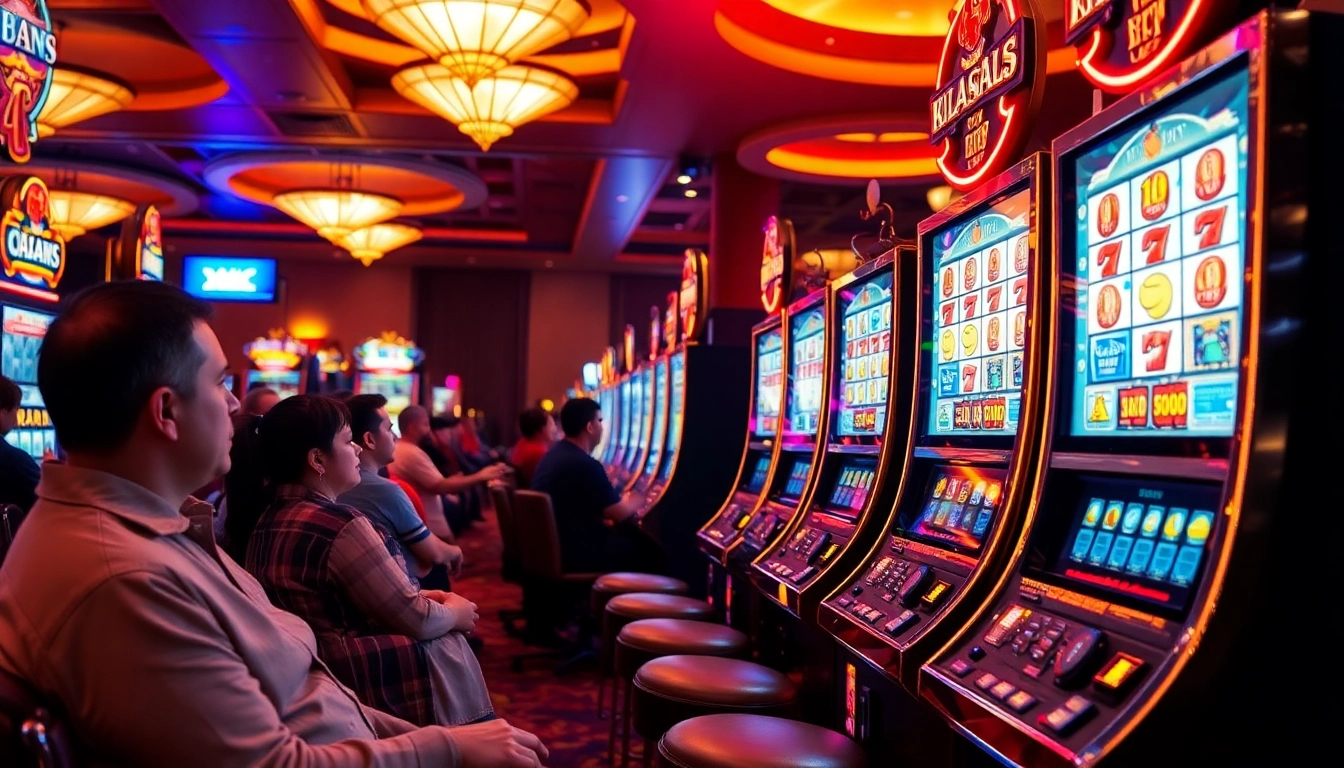 Experience the thrill of slot gacor with colorful machines and engaged players in a lively casino setup.