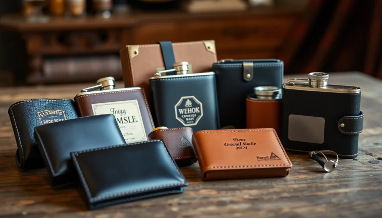 Showcasing affordable and stylish cheap groomsmen gifts like personalized wallets and flasks on a rustic table.