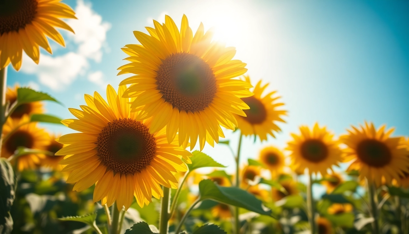 Admire Soleil Dor sunflowers bathed in golden sunlight, showcasing vibrant petals and a clear blue sky.