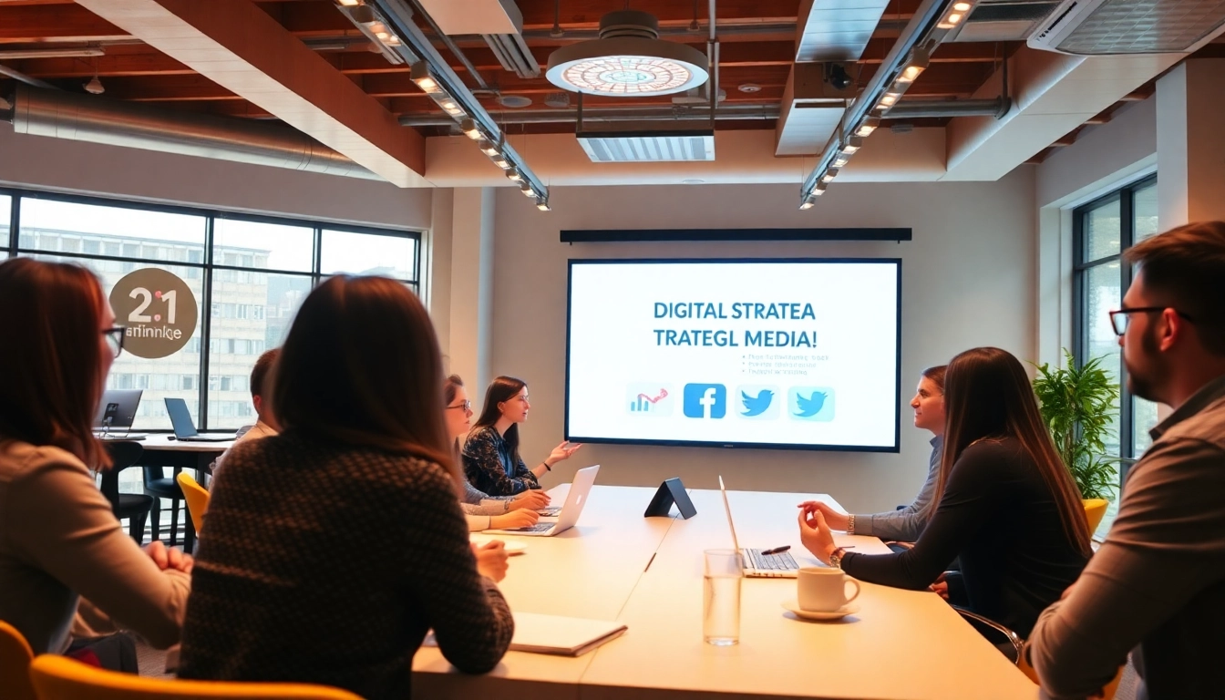 Training social media marketers engaged in collaborative discussions during a lively workshop.