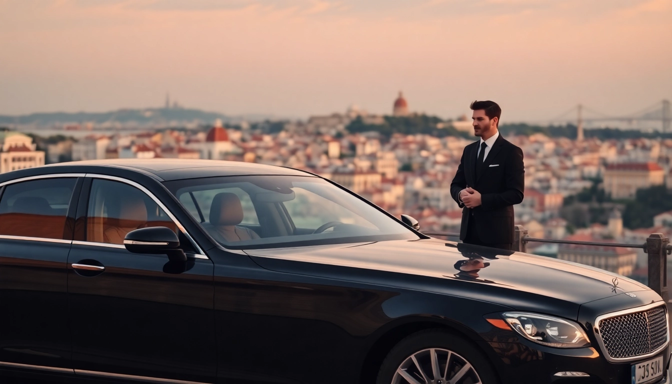 Experience cheap car rental with driver Lisbon: luxurious sedan with scenic background.