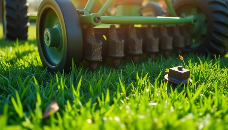 Core aeration process showing soil plugs being removed from a healthy lawn, enhancing soil aeration.