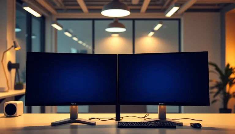 Enhance productivity with a dual monitor install showcasing a modern office setup featuring two screens.