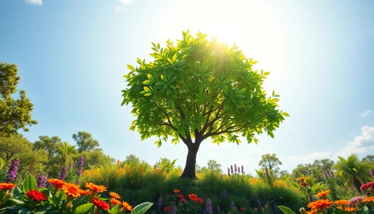 Croissance symbolized by a flourishing tree surrounded by diverse plants in sunlit nature.