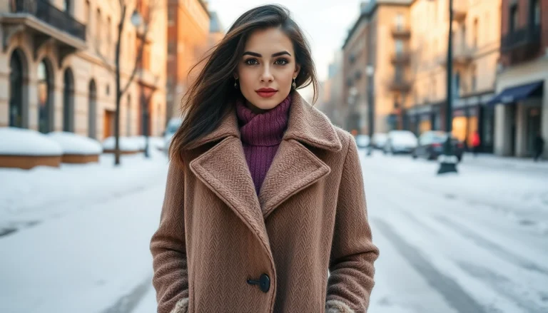 Model showcasing an elegant cardigan coat in a picturesque winter setting, embodying the essence of Here.