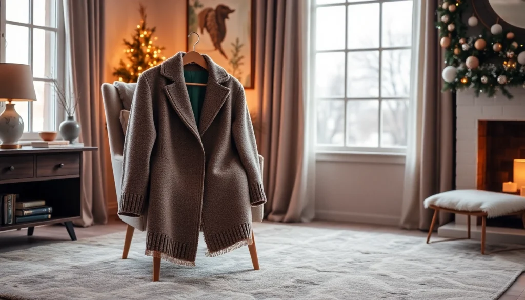 Showcasing an elegant cardigan coat here, beautifully styled in a cozy setting with warm light.