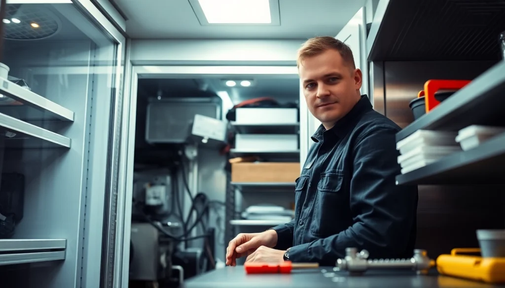 Technician conducting walk in freezer repair in a commercial kitchen, showcasing professional tools and environment.