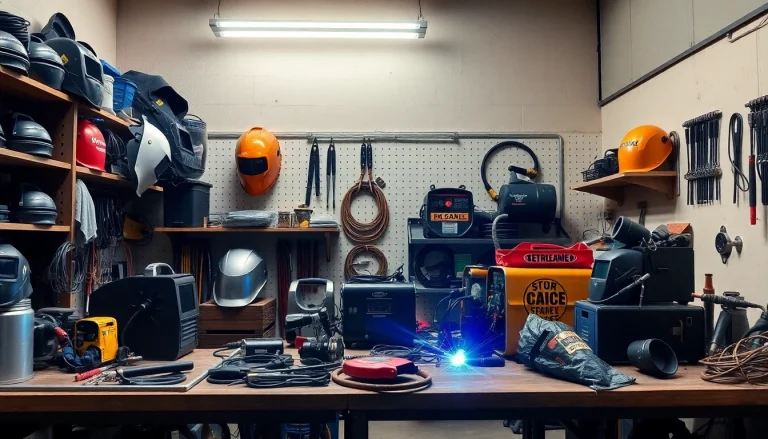 Display various welding supplies, emphasizing quality welding helmets and protective gear in a professional setting.