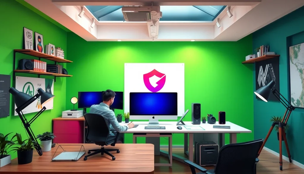 Create a Custom Logo Design in a modern workspace, highlighting vibrant colors and design tools.