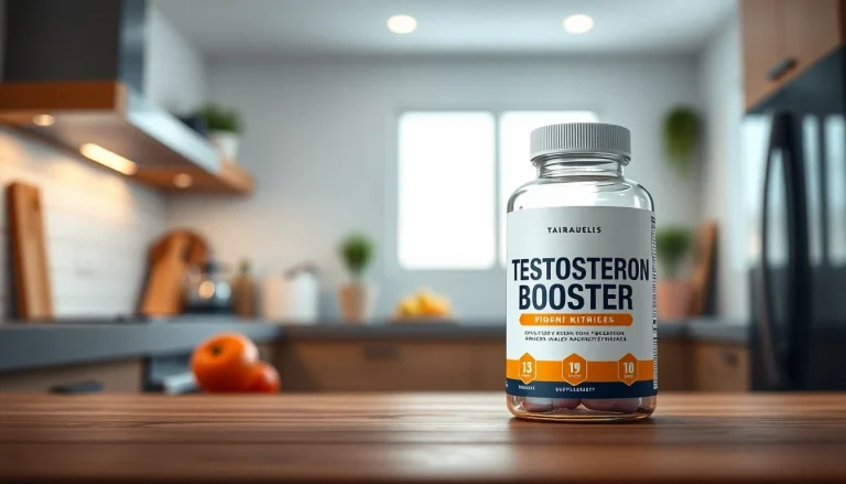 Testosteron-Booster supplement bottle displayed elegantly in a bright kitchen, showcasing modern design.