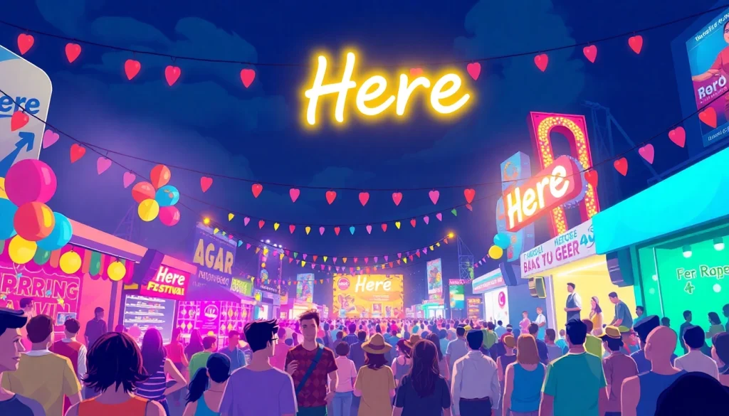 Experience a lively festival scene with the bright "Here" sign lighting up the night.