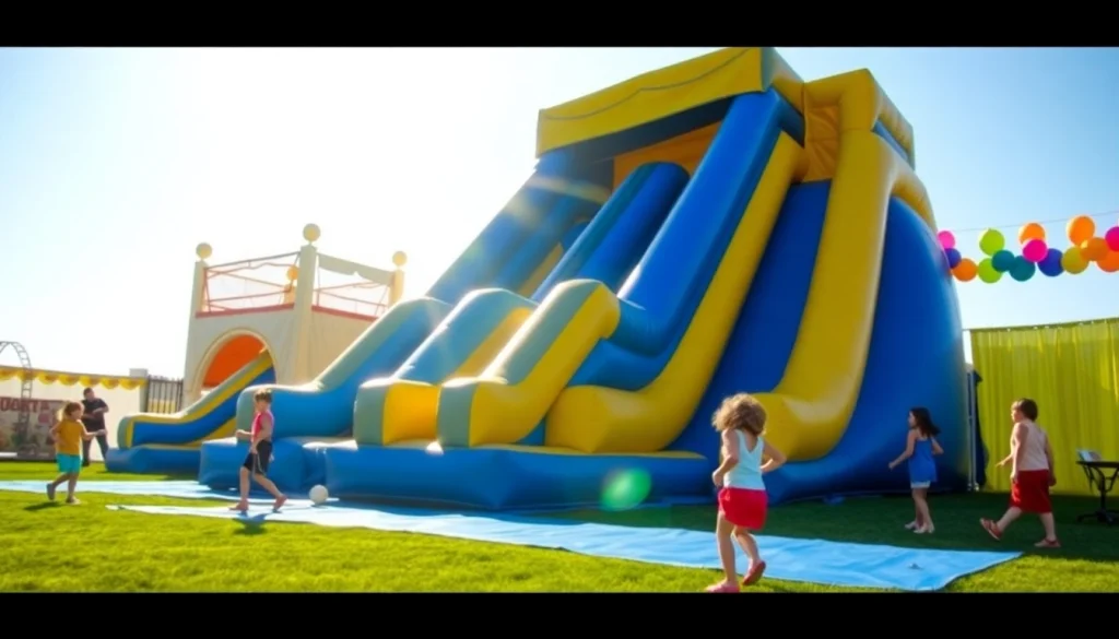 Children enjoying a vibrant slide rental at an outdoor party, creating a fun and festive atmosphere.