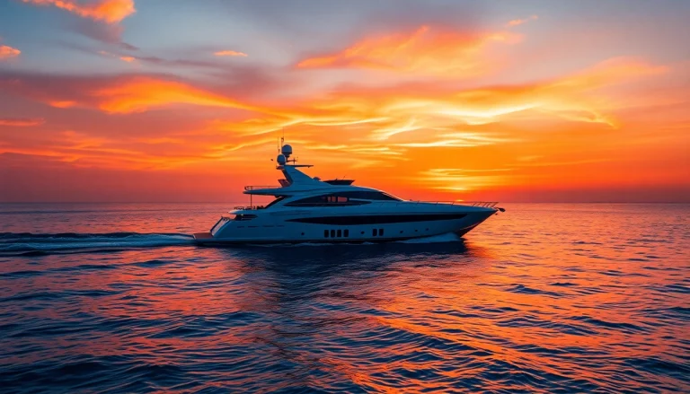 Elegant yacht boat cruising through calm waters at sunset, showcasing its sleek design and luxurious features.