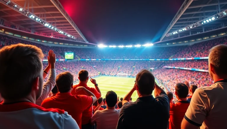 Cheering fans engaged in เว็บดูบอล experience at a football stadium, showcasing vibrant jerseys and a lively atmosphere.