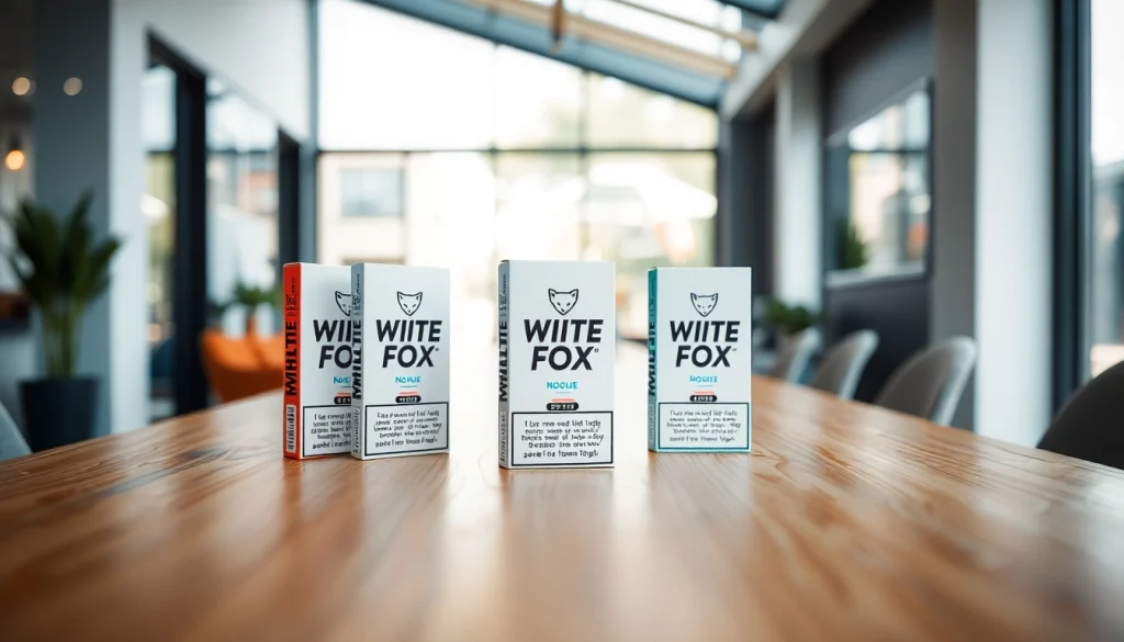 Showcasing White Fox Bahrain nicotine pouches on a stylish table, reflecting their vibrant packaging and refreshing flavors.