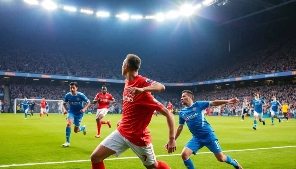 วิเคราะห์บอล strategy with players competing in an intense football match under stadium lights.