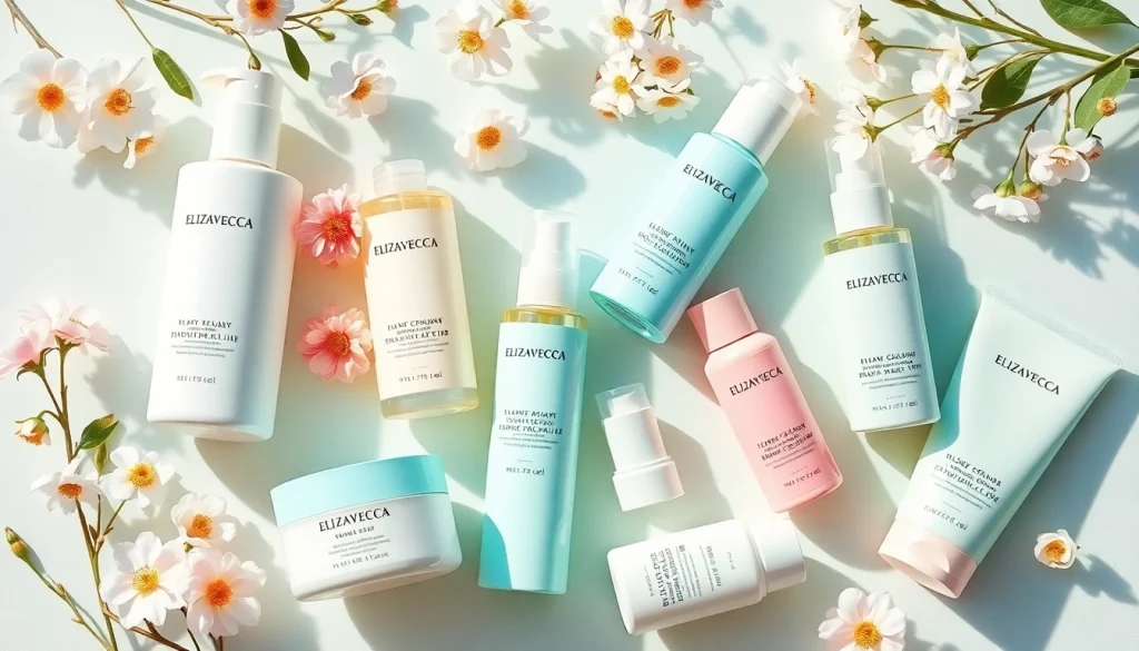 Elizavecca kaufen selection of skincare products in a serene setting with colorful packaging.