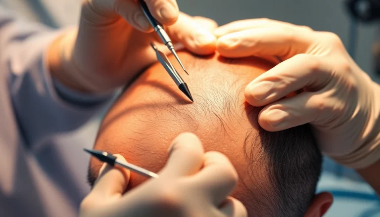 Surgeon performing a hair transplant, showcasing precision and care in reshaping hairlines.