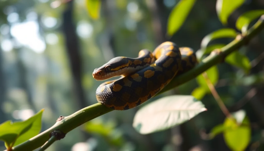 Admire the stunning Volta ball python for sale​ resting on a tree branch, features vivid scales and vibrant colors.