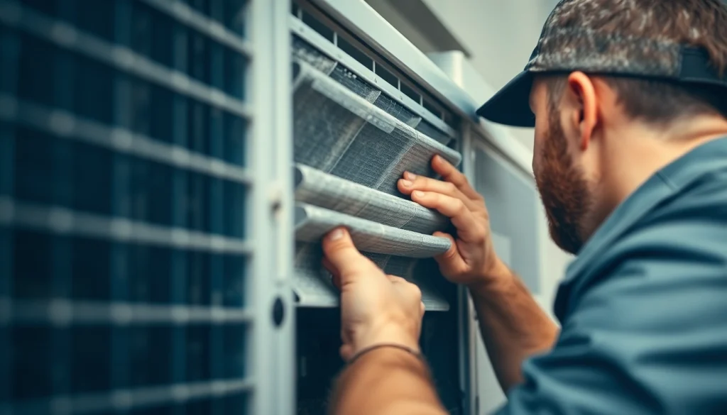 Technician addressing an AC blowing but not cold by checking dirty filters for optimal performance.