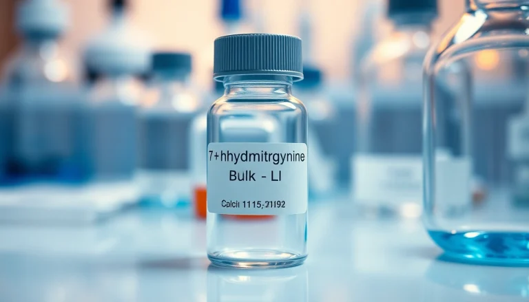 Showcasing 7 hydroxymitragynine bulk in a glass vial, this detailed lab scene presents a modern scientific environment.