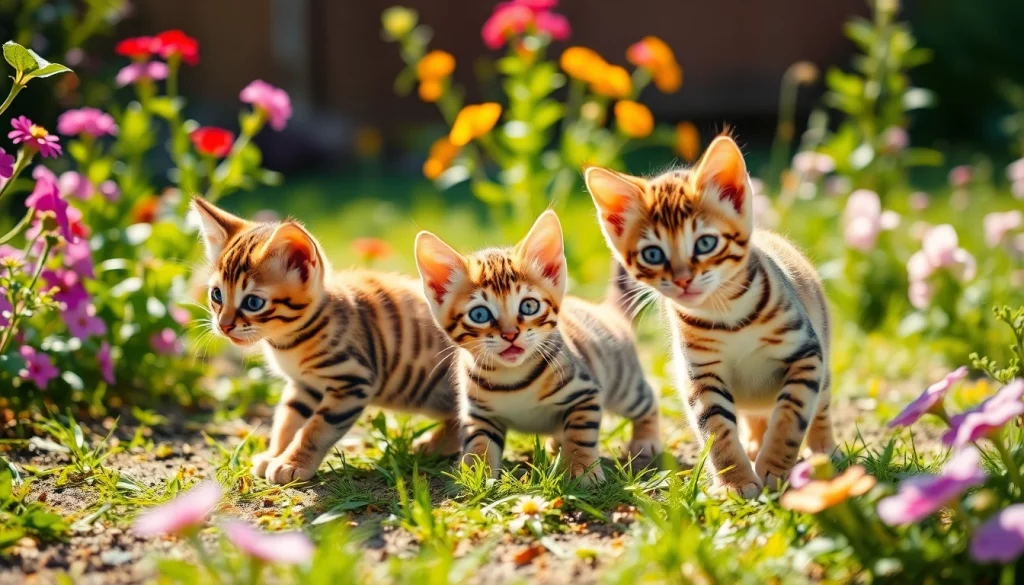 Registered Bengal Breeder showcasing playful Bengal kittens in a vibrant garden setting.