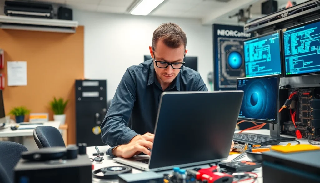 Riparazione pc Torino da un tecnico esperto circondato da strumenti e computer in un ufficio.