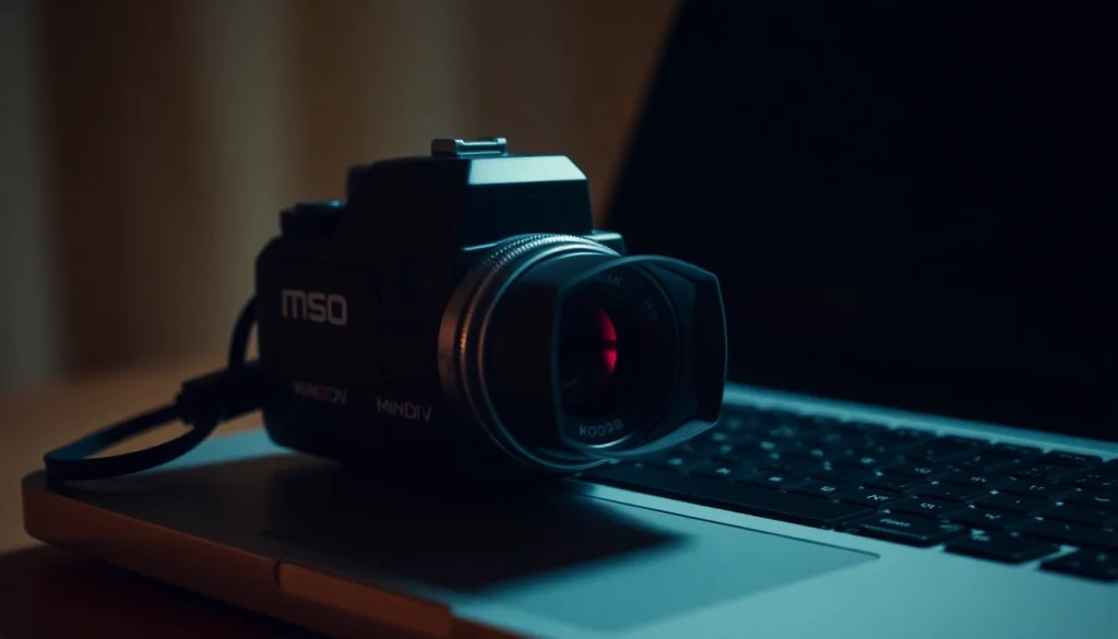 Converti MiniDV a digitale: telecamera vintage con nastro e laptop in primo piano.