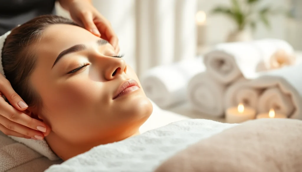 Woman enjoying a rejuvenating facial treatment with calming spa elements.