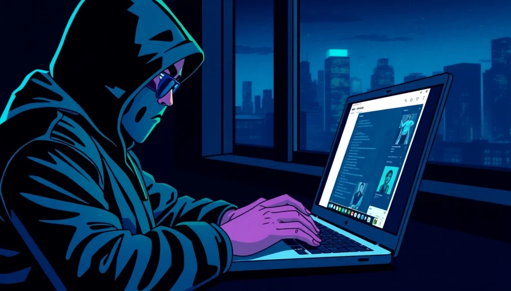 Intricate scene of an instagram hacker analyzing data on a laptop, showcasing digital codes and city lights.