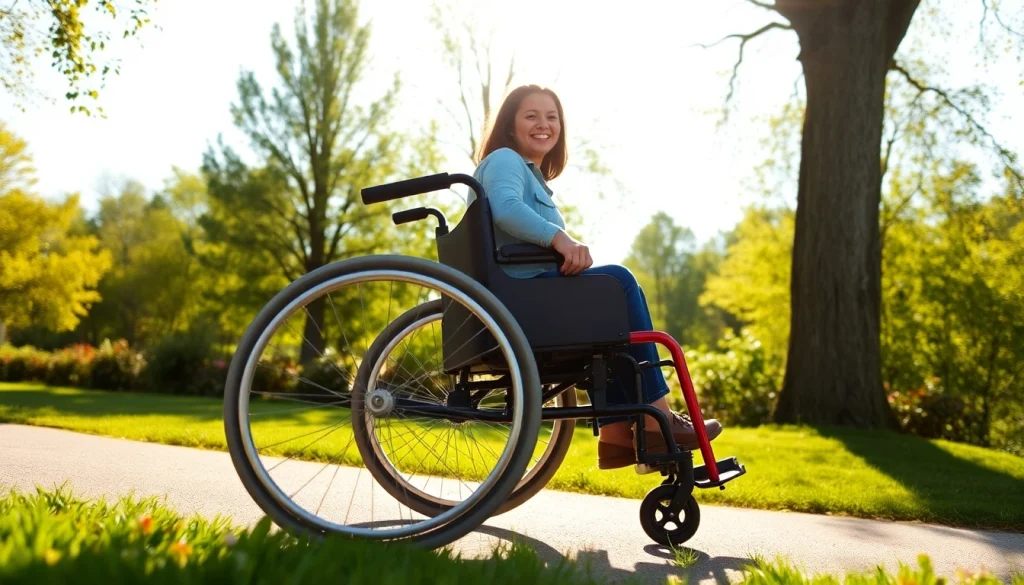 Manual wheelchair in use by a person in a vibrant park setting, showcasing ease of mobility and comfort.