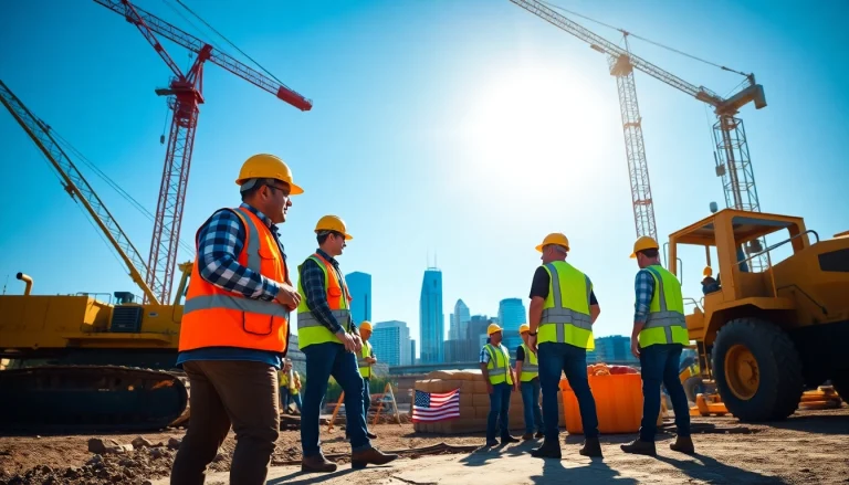 Workers engaged in Austin construction, featuring cranes and the city skyline.