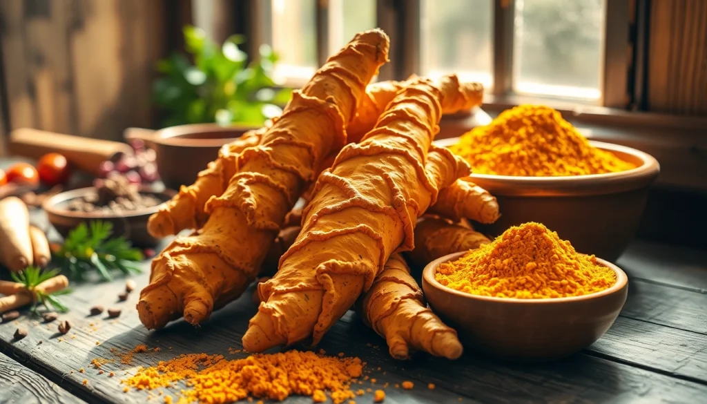 Showcasing turmeric root on a rustic table with herbs and spices, emphasizing its vibrant color and texture.