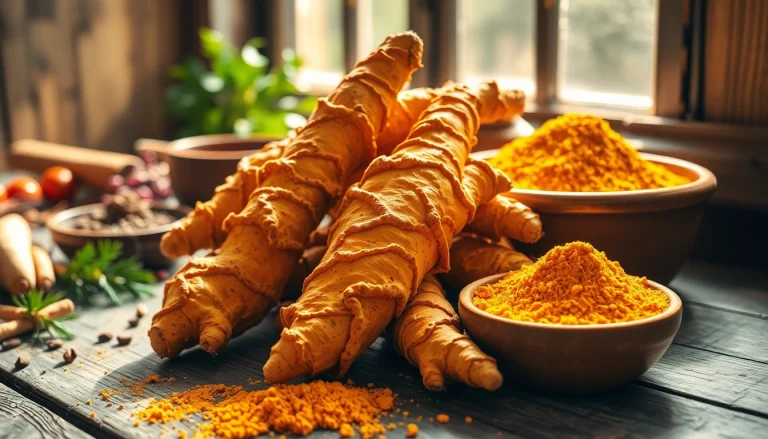 Showcasing turmeric root on a rustic table with herbs and spices, emphasizing its vibrant color and texture.