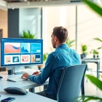 Showcasing AI design solutions through a designer's vibrant workspace, illustrating innovation.