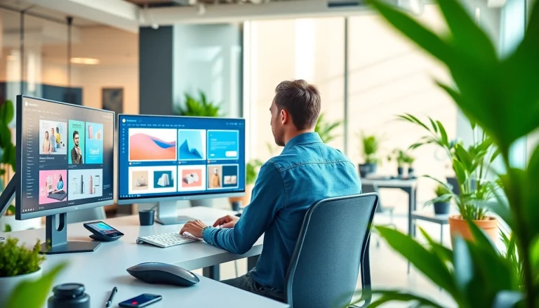 Showcasing AI design solutions through a designer's vibrant workspace, illustrating innovation.