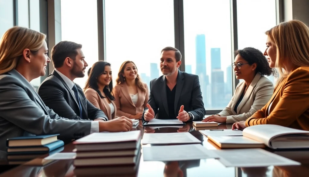 Abogada assisting diverse clients in a modern office, fostering a positive atmosphere.