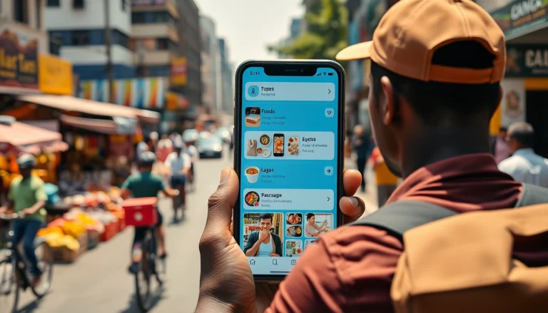 Showcasing delivery apps in Lagos, a smartphone highlights various options against a lively city backdrop.