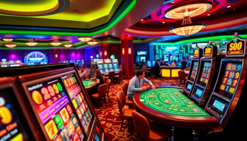 Exciting atmosphere of internet casinos with vibrant slots and gaming tables energizing players.
