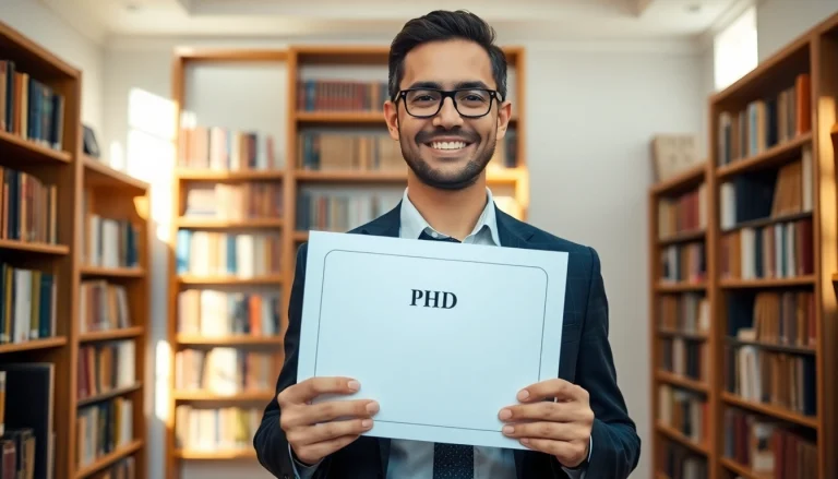 Showcasing where to buy phd degree, a proud individual holds their diploma in a professional office setting.