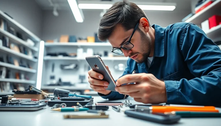Riparazione iPhone torino: Tecnico professionale al lavoro su un iPhone in un negozio di riparazione.