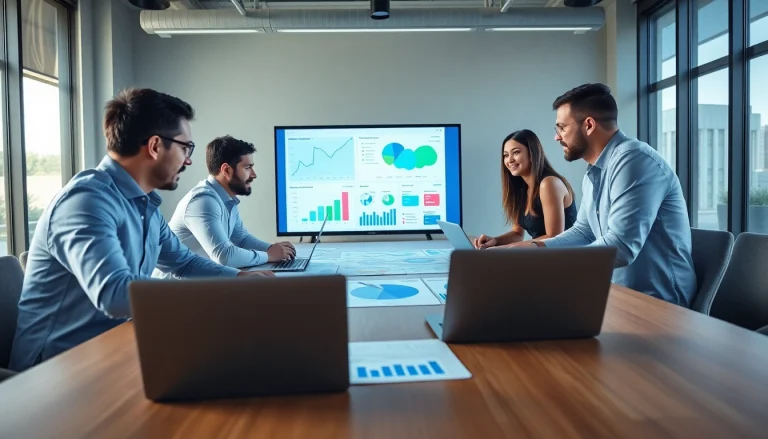 Conducting a competitor analysis in a modern office setting, showcasing teamwork and data evaluation.
