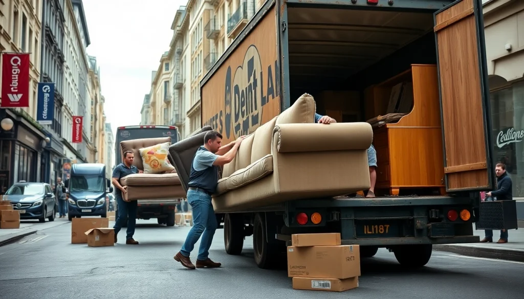 Efficient furniture removals London service in action with movers and a vintage truck.