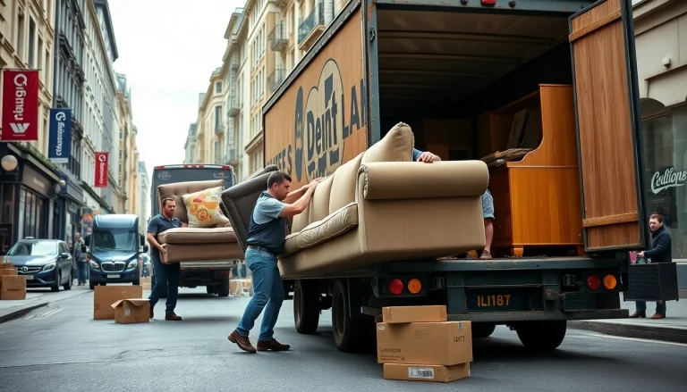 Efficient furniture removals London service in action with movers and a vintage truck.