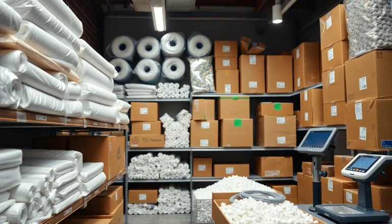 Packing materials arranged neatly in a shipping supply store, showcasing quality options for customers.