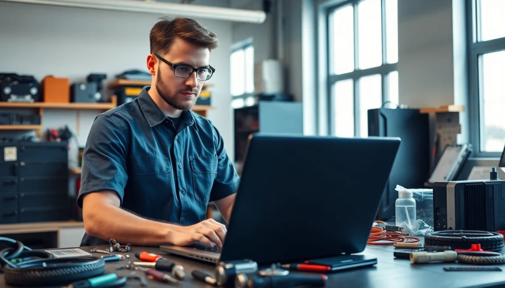 Riparazione computer torino: Tecnico professionista al lavoro su un laptop nel suo laboratorio attrezzato.