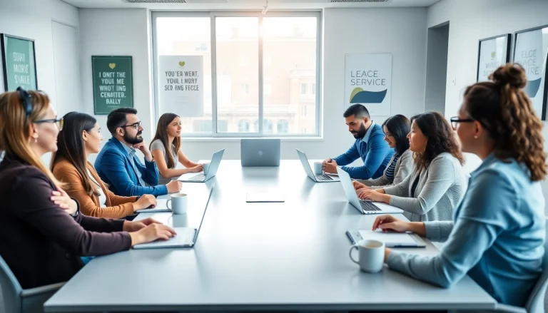 Engaged participants in a business coaching service discussion in a modern office environment.